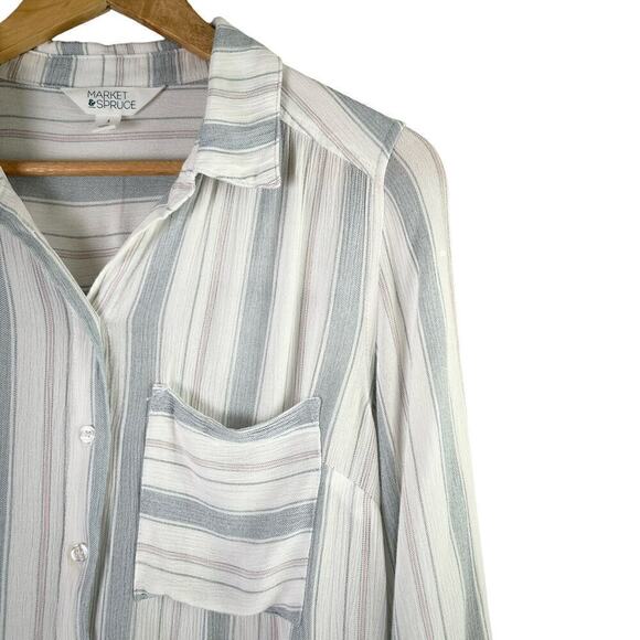 Market & Spruce Stitch Fix Lightweight Striped Button Down Shirt Blouse Blue,‎ S - Picture 4 of 11